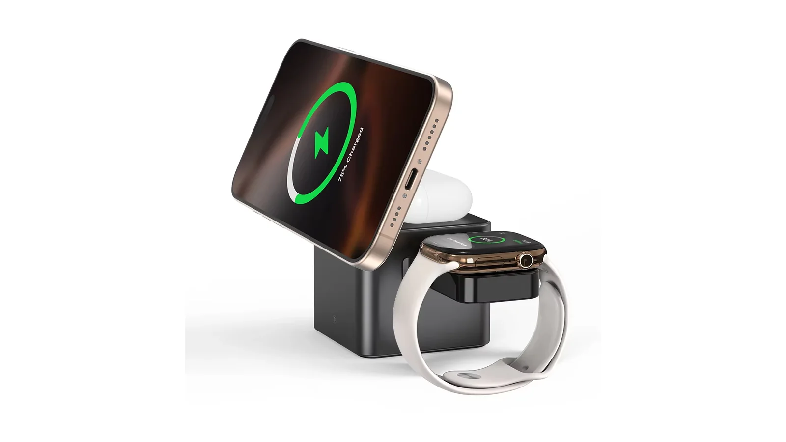 Soporte de carga 3 en 1 con un teléfono en la base magnética, un reloj y una funda de auriculares